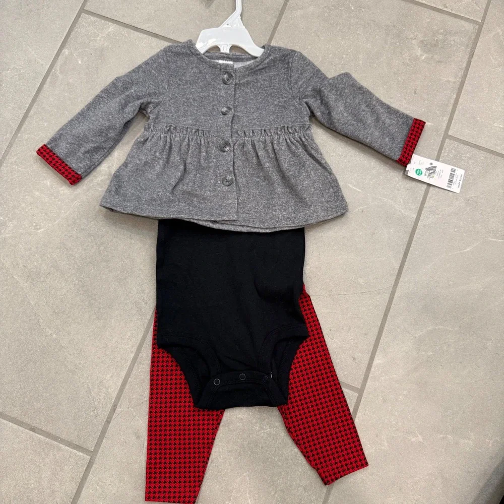 Carters Baby Girl 3 Piece Set Grey Cardigan Black Bodysuit Red Houndstooth 12M